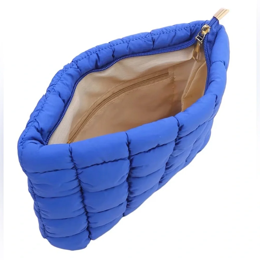 Royal Blue Quilted Puffer Makeup Case Travel ‎ Zip Pouch